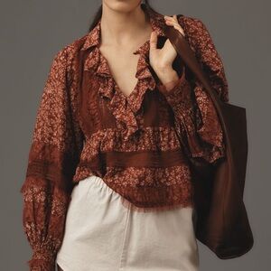 NWT ANTHROPOLOGIE RUFFLE V NECK POPOVER BLOUSE